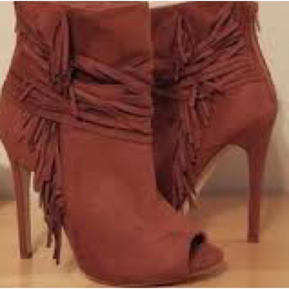 JUSTFAB 10 Marlen Suede with Fringe Heel Zip Sandal Booties